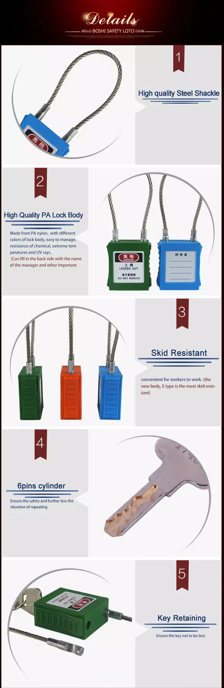 Lockout Safety Padlock with Cable Shackle and Master Key