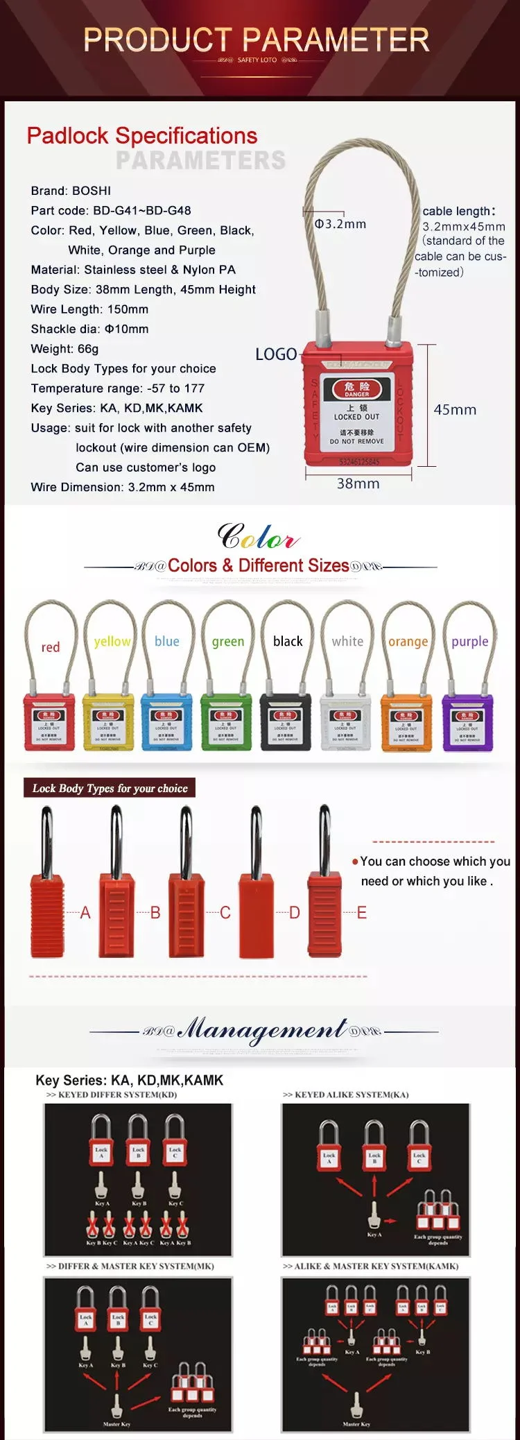 Lockout Safety Padlock with Cable Shackle and Master Key